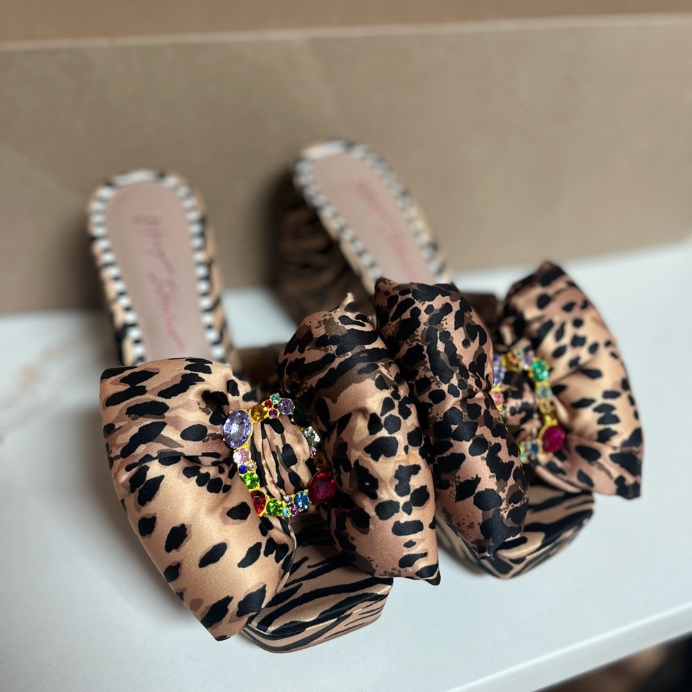 Betsey Johnson Leopard Print Mules with Jewel Accents